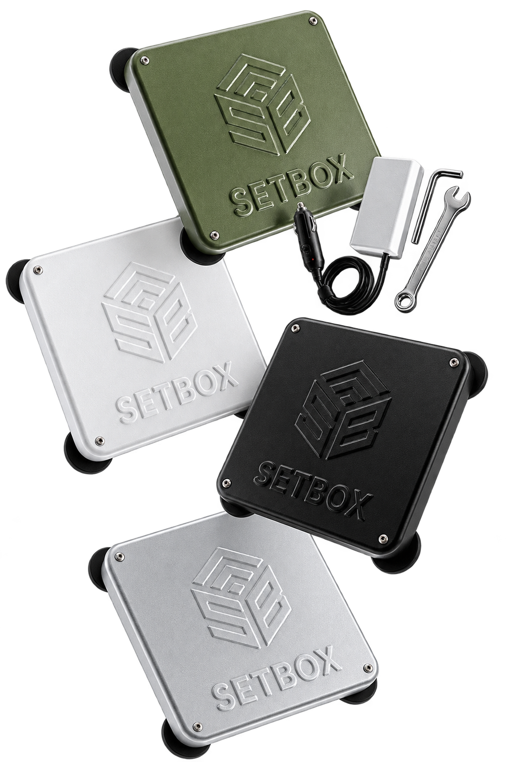 Founding-run plates in white, grey, olive and black with the mounting hardware