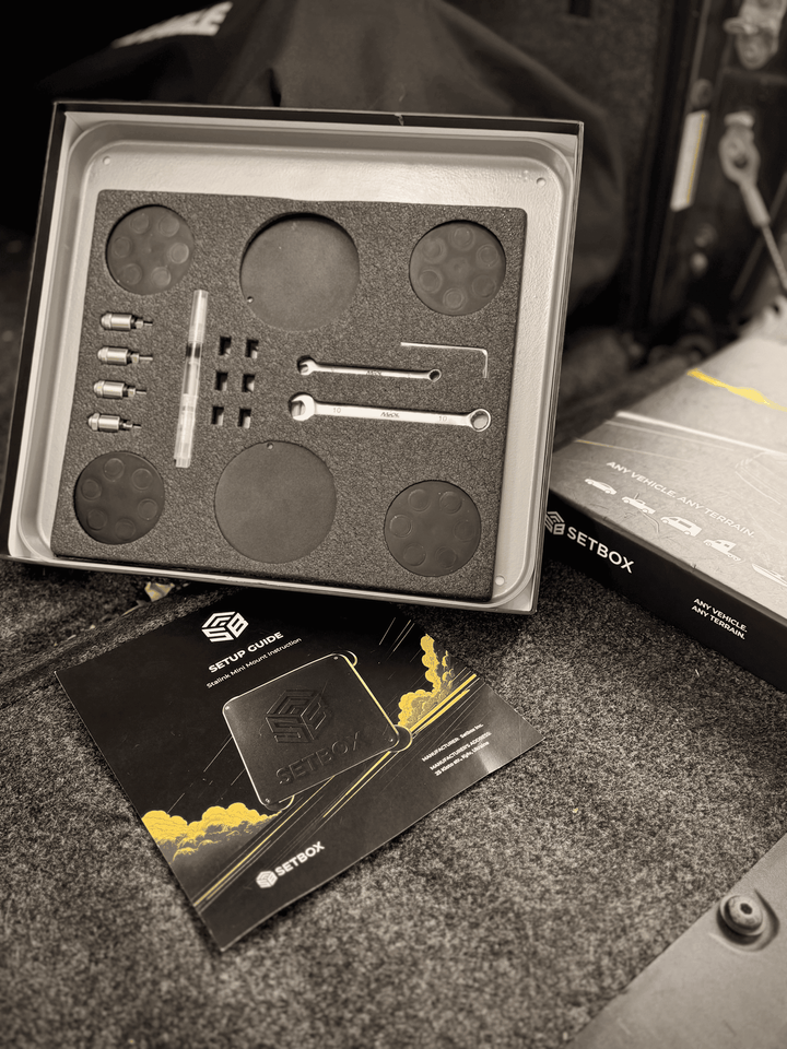 The open SETBOX kit: foam tray with the mounting hardware and the guide