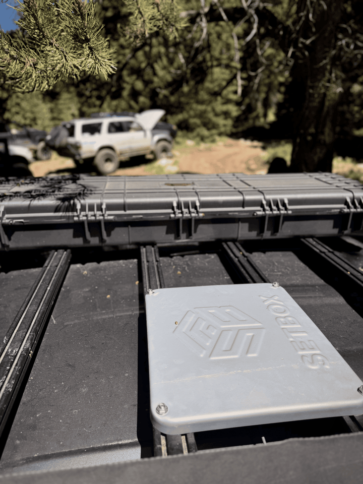 SETBOX housing on a roof rack under open sky, pine forest behind