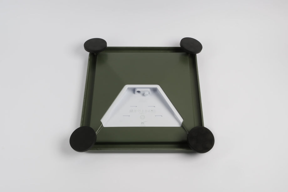 SETBOX housing in olive, underside with the dish cradle